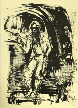 Druckgrafik einer Tuschezeichnung, Stehender Bergmann in der Strecke (Titel alter Karteikarte)