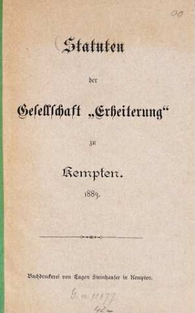 Statuten der Gesellschaft "Erheiterung" zu Kempten : 1883. [Umschlagtitel]
