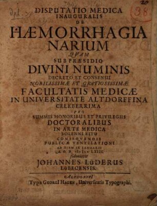 Disputatio medica Inauguralis de Haemorrhagia Narium