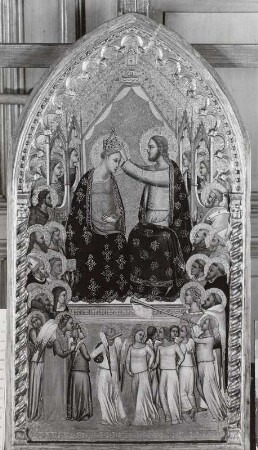 Krönung Marias mit Engeln und Heiligen : Puccio di Simone (Meister des Fabriano-Altares): Krönung Marias mit Engeln und Heiligen. Mittelbild eines Altars. Florenz, um 1340/1345. Tempera auf Pappelholz; 63 x 32 cm (Bild). Altenburg: Lindenau-Museum, Gemäldesammlung 16
