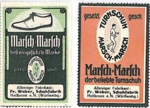 2 Werbemarken für Schuhe "Marsch-Marsch" der Schuhfabrik Fr. Weber