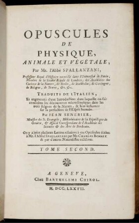 T. 2: Opuscules De Physique, Animale Et Végétale. Tome Second