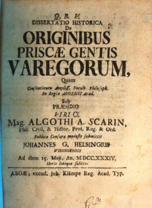 Dissertatio historica de originibus priscae gentis Varegorum