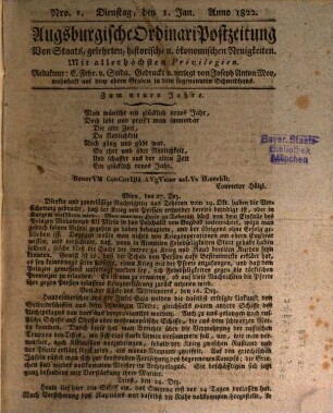 Augsburgische Ordinari Postzeitung von Staats-, gelehrten, historisch- u. ökonomischen Neuigkeiten. 1822