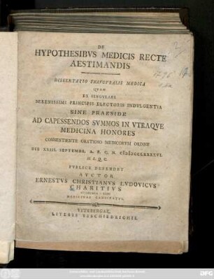 De Hypothesibvs Medicis Recte Aestimandis : Dissertatio Inavgvralis Medica