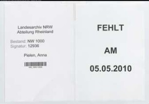 Entnazifizierung Anna Pielen, geb. 20.08.1900 (Postangest.)