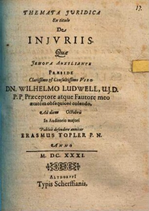 Themata Juridica Ex titulo De Injvriis