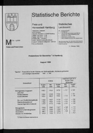 Preisindizes für Bauwerke in Hamburg August 1996
