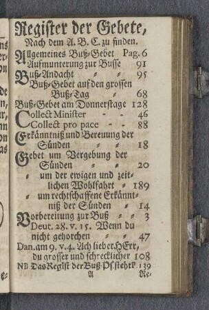 Register der Gebete, Nach dem A.B.C. zu finden.