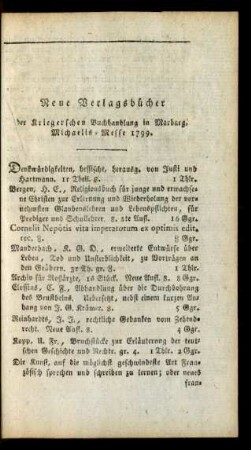 Neue Verlagsbücher der Kriegerischen Buchhandlung in Marburg, Michaelis-Messe 1799