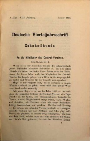 Deutsche Vierteljahrsschrift für Zahnheilkunde : Organ des Centralvereines Deutscher Zahnärzte. 8, 8. 1868