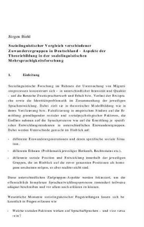 Soziolinguistischer Vergleich verschiedener Zuwanderergruppen in Deutschland : Aspekte der Theoriebildung in der soziolinguistischen Mehrsprachigkeitsforschung