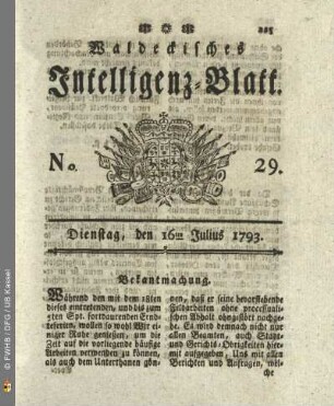 No. 29. Dienstag, den 16ten Julius 1793