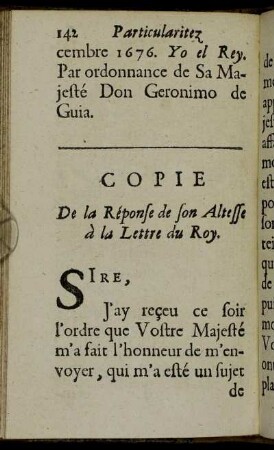 Copie De la Réponse de son Altesse à la Lettre du Roy