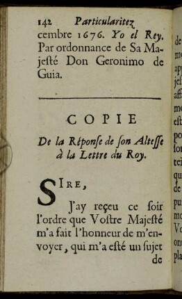 Copie De la Réponse de son Altesse à la Lettre du Roy