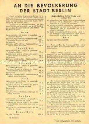 Informationsblatt der Stadtverwaltung Berlin zur Versorgung der Bevölkerung mit Lebensmitteln