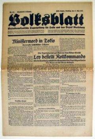 Sozialdemokratische Tageszeitung "Volksblatt" u.a. zur Ermordung des japanischen Ministerpräsidenten