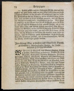 [8] Ihro Königl. Maj. in Pohlen und Churfürstl. Durchl. zu Sachsen [et]c. Allergnädigstes Patent, die Nacht-Laternen zu Leipzig betreffend