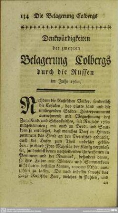 Denkwürdigkeiten der zweyten Belagerung Colbergs durch die Russen im Jahr 1760