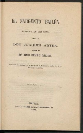 El sargento Bailén : zarzuela en dos actos