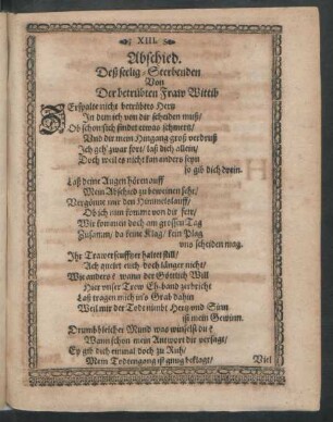 XIII. Abschied. Deß seelig-Sterbenden Von der betrübten Fraw Wittib.
