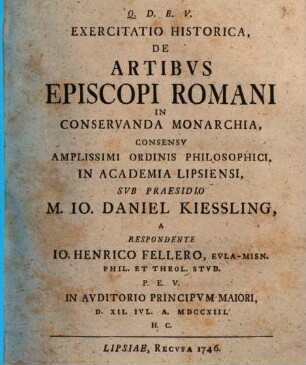 Exercitatio hist. de artibus episcopi romani in conservanda monarchia