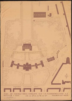 I.G.-Farben, Frankfurt/Main Verwaltungsgebäude: Lageplan Park am Verwaltungsgebäude 1:500