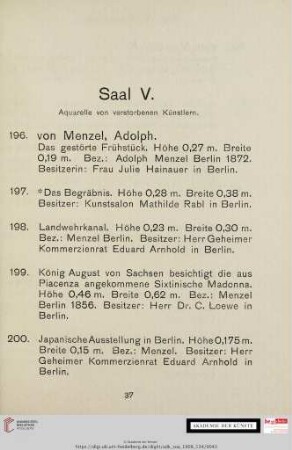 Saal V. Aquarelle von verstorbenen Künstlern