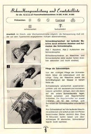 AESCULAP BEHANDLUNGSANLEITUNG u. ERSATZTEILLISTE H-580, H-581, H-585