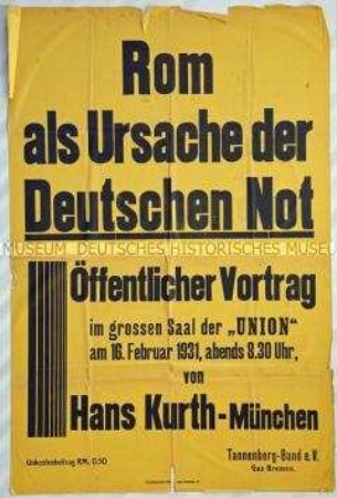 Veranstaltungsplakat des Tannenbergbundes e. V., Gau Bremen, zu einem Vortrag von Hans Kurth gegen die Katholische Kirche