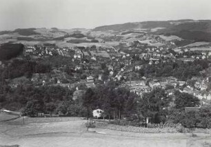 Blick vom Buchberg auf Sebnitz : Sebnitz. Blick vom Buchberg über den Stadtkern mit Marktplatz zum Bahnhof (rechts) und dem Knöchel (links), Aufnahme Möbisu 1953
