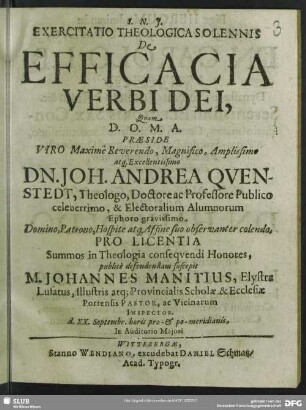 Exercitatio Theologica Solennis De Efficacia Verbi Dei