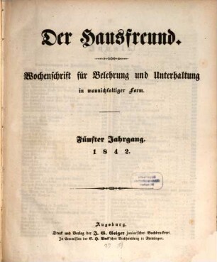 Der deutsche Hausfreund : Wochenschrift für Belehrung und Unterhaltung in mannichfaltiger Form. 5. 1842