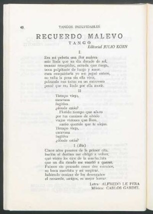 Recuerdo Malevo : Tango. - Editorial Julio Korn