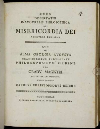 Dissertatio Inauguralis Philosophica De Misericordia Dei Nonnulla Exhibens