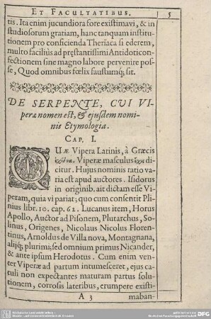 De Serpente, cui viperaenomen est, et ejusdem nominis Etymologia. Cap. I.