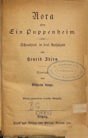 Nora oder Ein Puppenheim : Schauspiel in drei Aufzügen