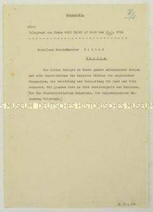 Maschinenschriftliche Abschrift eines Eiltelegramms an Hitler mit Bitte um Schutz der Karpatoukraine vor ungarischer Okkupation