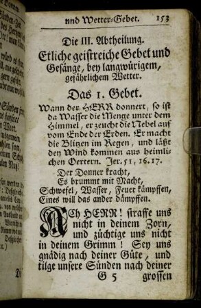 Die III. Abtheilung. Etliche geistreiche Gebet und Gesänge, bey langwürigem, gefährlichem Wetter.