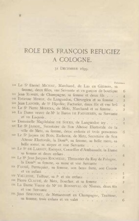 Role des françois refugiez à Cologne. 31 décembre 1699