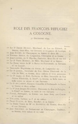 Role des françois refugiez à Cologne. 31 décembre 1699