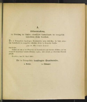 A. Bekanntmachung, die Berufung der fünften ordentlichen Landessynode der evangelisch-lutherischen Kirche betreffend