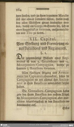 VII. Capitul. Von Stellung und Formirung eines Bataillons und Regiments