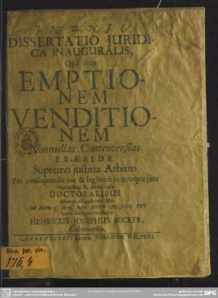 Dissertatio Iuridica Inauguralis, Qua circa Emptionem Venditionem Nonnullas Controversias