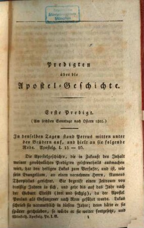 Seb. Winkelhofers vermischte Predigten. 3, Predigten über die Apostel-Geschichte ; Bd. 1