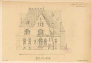 Villenartiges Wohnhaus, Lüdenscheid Monatskonkurrenz Dezember 1883: Aufriss Südostansicht (Gartenansicht); Maßstabsleiste
