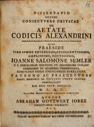 Diss. sistens coniecturas criticas de aetate codicis Alexandrini