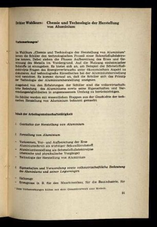 Dritter Wahlkurs: Chemie und Technologie der Herstellung von Aluminium