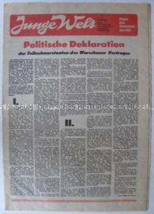 Tageszeitung der FDJ "Junge Welt" mit dem Wortlaut der "Politischen Deklaration" des Warschauer Vertrages