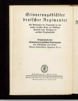 Reserve-Feldartillerie-Regiment Nr. 12 : nach amtlichen Unterlagen und persönlichen Tagebuchnotizen